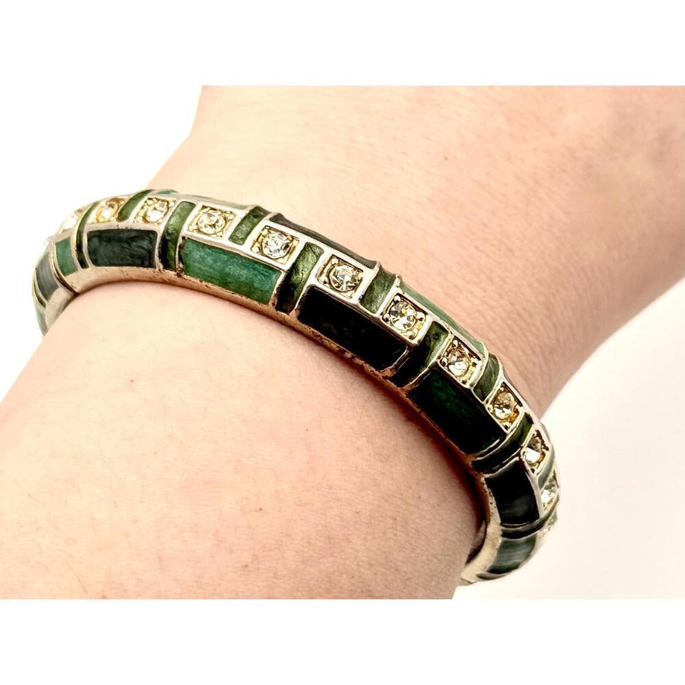 Green Enamel Hinged Bangle Bracelet w/ Rhinestones – Gold Tone – Vintage Style - Picture 2 of 8